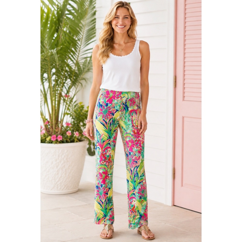 Lilly Pulitzer L Tropical Parrot Floral Pull On Knit Pants Stretch Large Resort